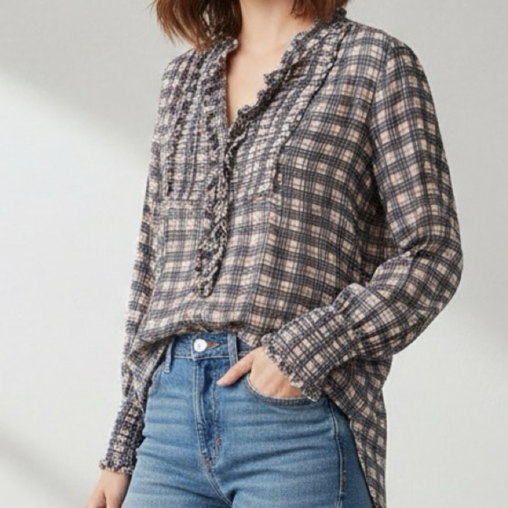 Free People FP One Plaid Ruffle Smocked Tunic Blouse NWT S Small
